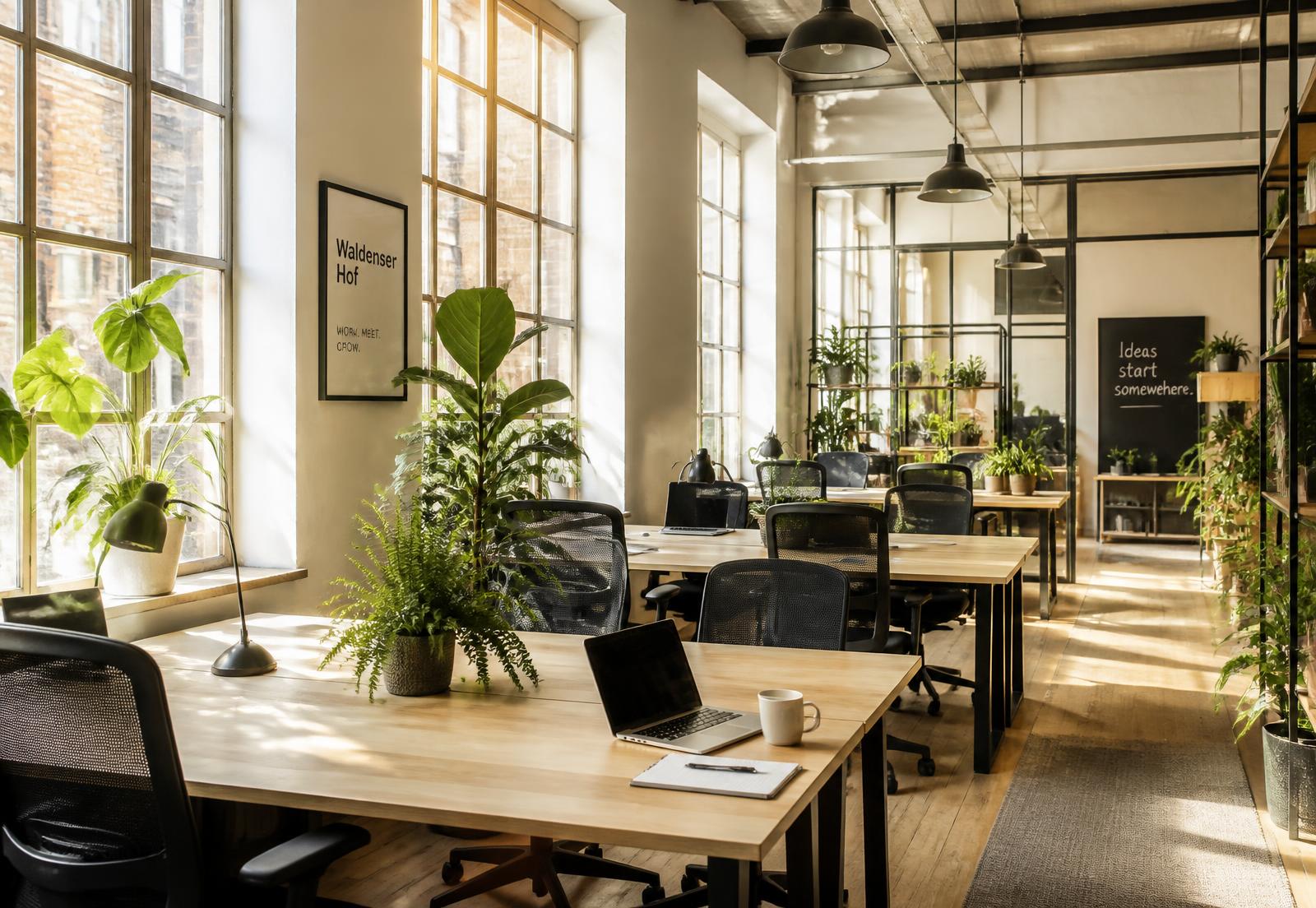 Coworking-Fläche mit Eichentischen, Pflanzen und hohen Fenstern
