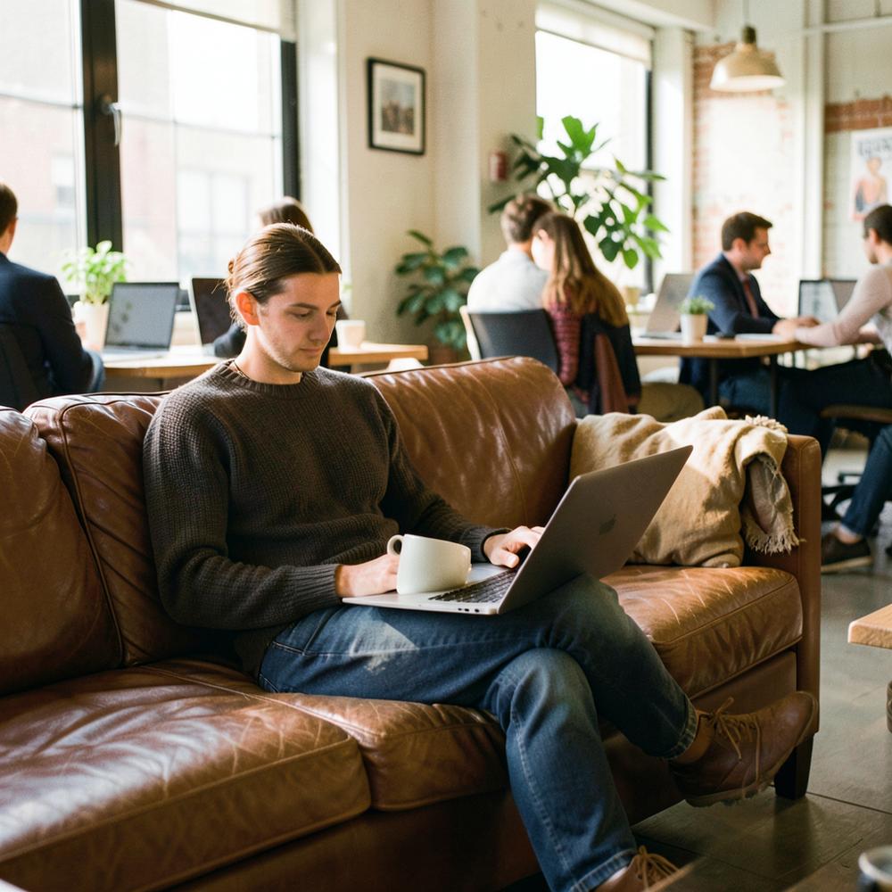 Mitglied arbeitet auf einem Ledersofa in der GRÜNDR-Lounge
